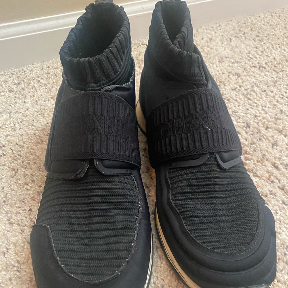 Size 8.5 CHANEL Stretch Speed black logo strap sock knit high top sneakers